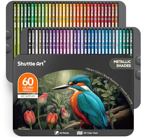 Shuttle Art Metallic Buntstifte Set, 60 Buntstift metallic, Glitzer Buntstifte für Erwachsene, Anfänger zum Malen, Färben, Zeichnen, metallische Holzstifte, Farbstifte für Kinder