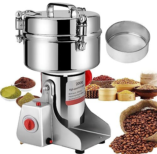 Hoapin Moulin Céréales Grains Électrique 2000 g, Grinder en Acier Inoxydable et Moteur 4000 W, Broyeur à Lames Robot Culinaire à Grande Vitesse pour Moudre Céréales Épices Herbes Noix Café