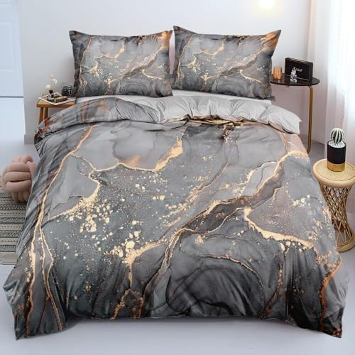 Luowei Bettwäsche 220x240 cm 3tlg Marmor Grau Gold, Mikrofaser | Oeko-TEX Atmungsaktiv Bettwäsche Set Modern Ästhetisches Design Bettbezug mit Reißverschluss und 2 Kissenbezüge 80x80cm