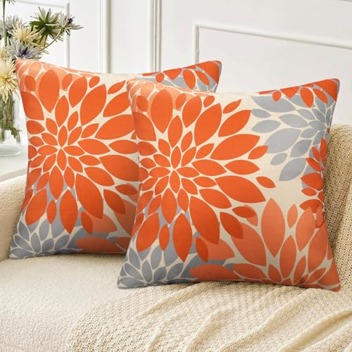 Fundas de Cojín 45 x 45 Lino Funda de Almohada Cuadrado Naranja Gris Floral Dalia Primavera Verano para Oficina Cama Silla Habitacion Salón Sofá Navidad Víspera de Todos los Santos Decoración 2 Piezas