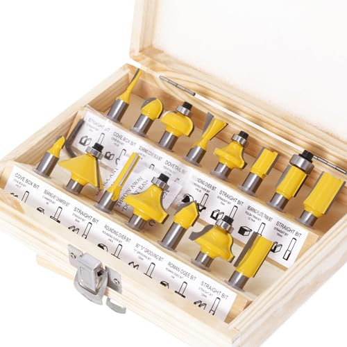 Set di 15 frese per tagliatrici per legno, 8 mm, utensili da lavoro per principianti, frese di qualità industriale, con scatola in legno