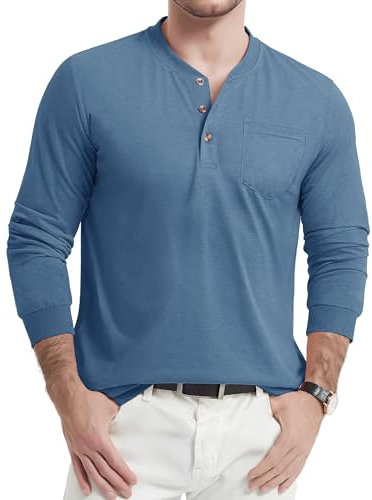 TACVASEN Herren Henley Shirt Langarmshirt Baumwolle Casual T-Shirt Bequem Oberteile Longsleeve Frühlingshirt (L, Graublau)