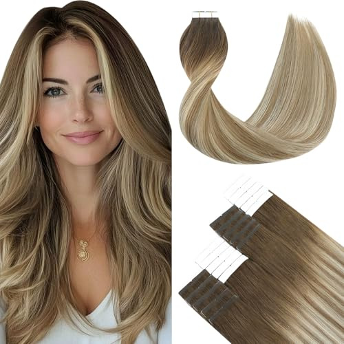 SURNEL Extensiones Adhesivas Pelo Natural Marrón Más Oscuro Desvaneciendo a Marrón Ash Resaltado con Rubio 55cm 50g 20Piezas Extensiones Adhesivas Pelo Humano Natural(T#3/8/22-55cm)