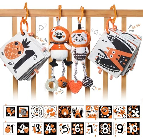 TUMAMA KIDS Kinderwagen Spielzeug 0 Monate, Schwarz Weiss Kontrast Spielzeug Baby mit Hängendem Spielzeug und Buch, Sensorik Neugeborenen Geschenk Junge Mädchen
