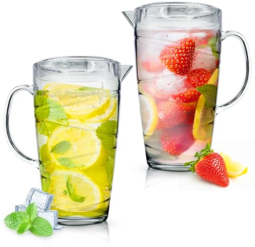 Plastic Jug 2L (2 Pack) Swirl Design Plastic Pitcher Jug with Lid & Vented Spout - Pimms, Summer Juices, Picnics and BBQ Garden Parties - Clear Design