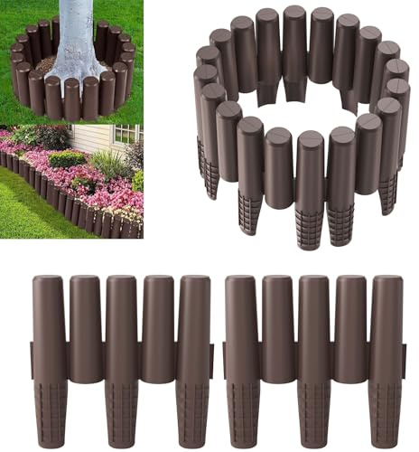 FIVMEN 11,2M Rasenkante Kunststoff Beeteinfassung Neu-Holzpfahl-Type Beetumrandung mit Bodenspieß & Schnalle, Flexible Schneidebar Gartenpalisade, Braun (40er, 28x24cm), WR-(2*HAG8575B)
