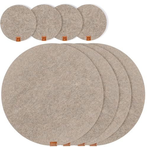 Miqio® Manteles individuales redondos de diseño de fieltro lavable, con etiqueta de piel auténtica y posavasos de cristal, 6 manteles individuales, 6 posavasos | mantel individual lavable | beige