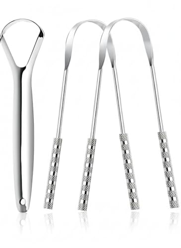 GTEX Lot de 3 gratte-langue en acier inoxydable pour lutter contre la mauvaise haleine - Brosse à langue 100 % métal - Nettoyeur de langue en acier inoxydable - Pour l'hygiène buccale