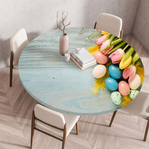 Morbuy Elastische Tischdecke Rund Wasserdicht, 3D Tulpenblüten Muster Tischdecke mit Gummizug Rund Tischdecken Tischtuch Abwischbar Gartentischdecken (Durchmesser 140cm,Osterei)