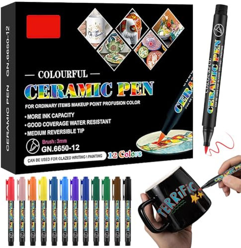 CEWROM Porzellanstifte Spülmaschinenfest, 12 Farben Keramik Bemalen Set, Glasmalstifte Spülmaschinenfest, für Zeichnungsmuster Designkreationen auf Porzellan und Glas,Weihnachten Geschenk für Kinder