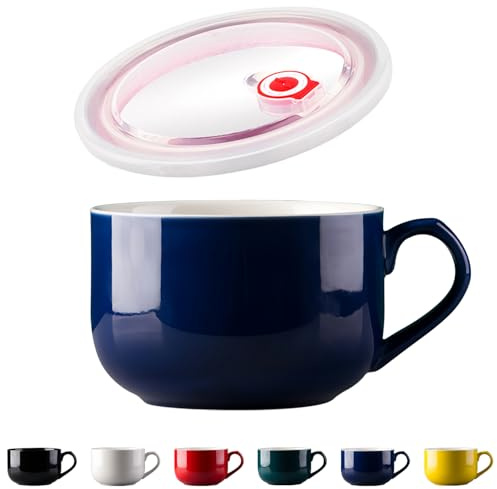 Dowbom Soup Bowl With Lid, Porcelain Ramen Bowl, Instant Noodle Microwave Bowl (Blue)
