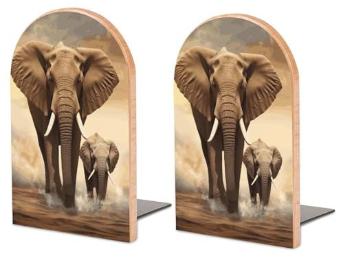 Große bedruckte Buchstützen mit Elefant und Baby-Elefant (9,9 cm T x 11,9 cm B x 17 cm H), aus Buchenholz und Metall für effiziente Organisation von Büchern im Büro, Bibliothek und Zuhause.
