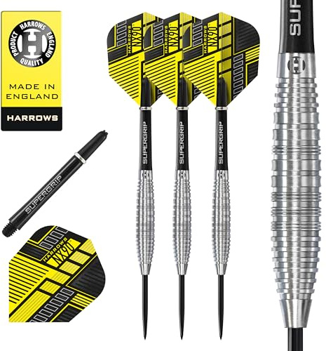 Harrows NX90 90% Tungsten Darts | Darts-Set mit Stahlspitze| 21g, 22g, 23g, 24g, 25g & 26g | Enthält Supergrip-Schäfte und 100-Mikron-NX90-Flüge (Bomb 25g)