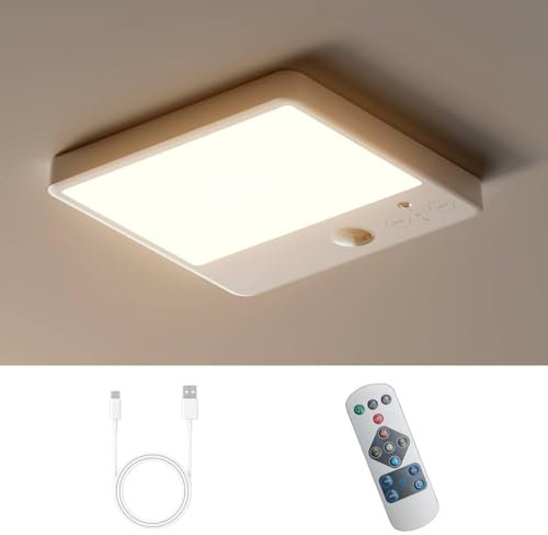 Epochglo Lampara a Pilas con Sensor de Movimiento, Recargable, Regulable, Plafon Led sin Cables, Luz Techo para Baño/Cocina/Pasillo, Cuadrado 16x16 cm, Blanca