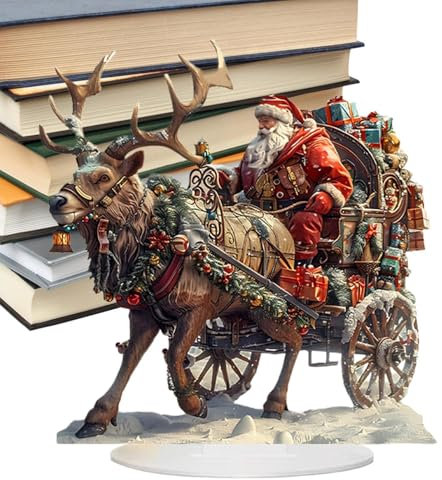 Genérico Figura navideña de Papá Noel, Figura de Papá Noel con Reno - Decoración de Pueblo navideño de Invierno acrílico 2D - Figura de Reno en Trineo para decoración de casa de Vacaciones, Invierno