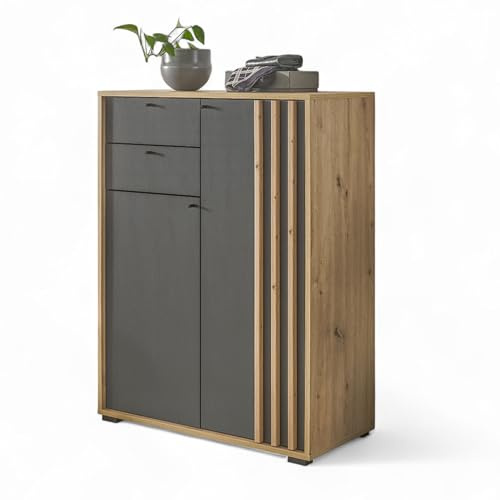 VOLANO Schuhschrank in Artisan Eiche Optik, Schwarz - Modernes Schuhregal mit viel Stauraum für Ihre Schuhe - 80 x 106 x 38 cm (B/H/T)