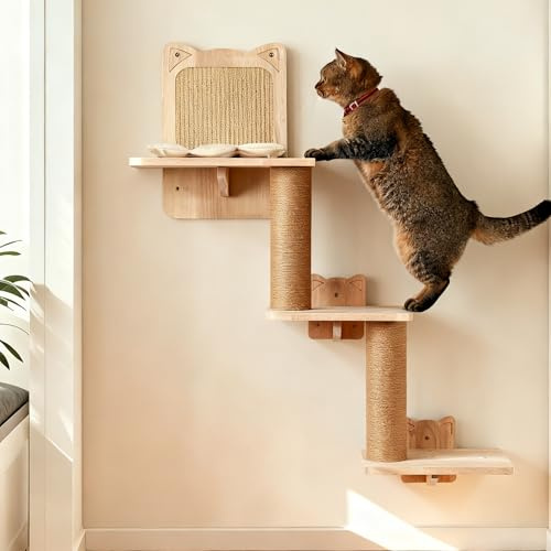 LitaiL Wandkratzbaum für Katzen bis 20 KG, DREI stöckig, 80cm hoch, Kratzbaum Wandmontage aus Massivholz, Kletterwand Katze mit 3 Plattformen, Katzen wandelemente
