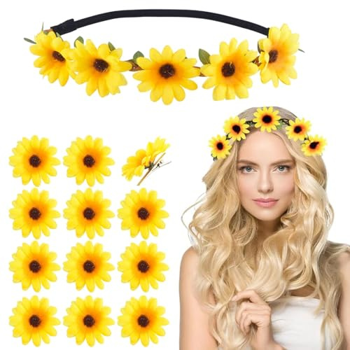 Cfcyhla Blumen Haarband Sonnenblumen Stirnband mit 12 Haarspangen Gänsenblümchen Haarschmuck Gelb Haarreif Blumenkranz Damen Mädchen Strand Hochzeit Reise Karneval Party Kopfschmuck