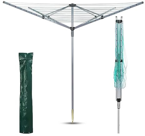 BONAFIDE 60m 4 Arm Rotary Washing Line| Washing Line With Free Ground Spike & Cover| Rotary Clothes Lines for Outside| Heavy Duty Clothes Airer Dryer for Outdoor & Garden