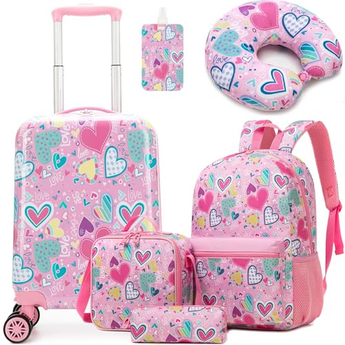 HTgroce 5tlg Kinderkoffer Schulranzen Mädchen, Rollkoffer, Kindergepäck, Kinder Kofferset Handgepäck Reisegepäck Hartschalenkoffer für Mädchen