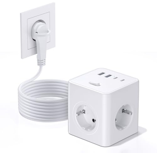 Steckdosenwürfel mit USB,8 in 1 Steckdosenleiste Flachstecker mit Schaltbar,4 Fach Steckdosenleiste mit 4 USB, Mehrfachsteckdose Power Cube mit Zugring,1.5M Kabel für Zuhause/Büro/Reisen,Weiß