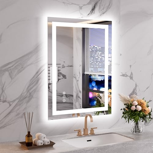 WEER Badspiegel mit Beleuchtung 60x80cm, Dimmbar, Antibeschlag, Memory | Splitterfest 4mm Float Hartglas, Touch-Schalter, 3 Lichtfarben, Stufenlos Dimmbar, Rechteckiger Wandspiegel, IP44, Bad, Flur