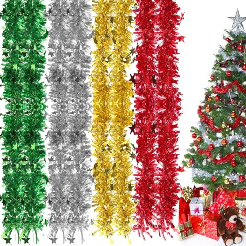 Scettar 2M*8 Piezas Espumillon Arbol Navidad con Estrellas,Espumillón Navidad Metálica Brillante，Guirnalda Navidad para decoración Árbol de Navidad, Escalera,Puerta