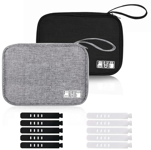 Cable Organiser Bag, 2Pcs Travel Cable Organiser Includes Data Cable Tie | Electronics Travel Organizer Portable Cable Tidy Bag Tie for USB Cable Drive SD Card Charger Hard Disk (Black, Grey)