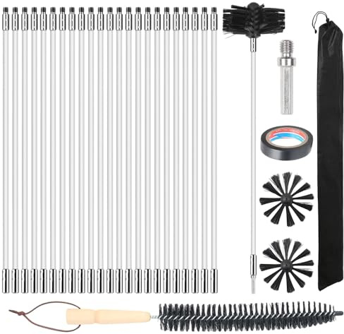 29PCS Chimney Cleaning Brush Kit, Duct Vent Cleaning Set With 23 Nylon Flexible Rods, 2 Brush Heads, Ergonomic Wood Brush and Storage Bag, Chimney Sweep Kit for Flue Fireplace Sewage Pipe