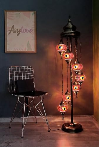 Halay Handgefertigte Türkische Stehlampe 7 Kugeln Orientalische Stehlampe Mosaik Mehrfarbig Rot