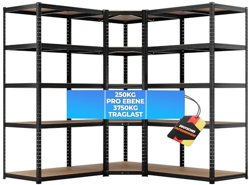 ALL Premium Schwerlastregal Eckregal 180x90x60 cm + 2X 180x90x60 cm Schwarz - 3750kg Traglast – stabiles Eckregal stehend, vielseitiges Regalsystem, Corner Shelf, ideal für Keller u. Lager