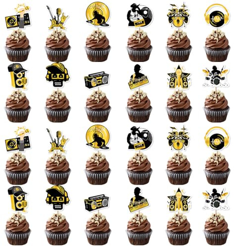 Lot de 24 décorations comestibles pour cupcakes sur le thème de la musique du rap - 12 motifs - Décorations de fête d'anniversaire hip-hop - Pour festival de musique