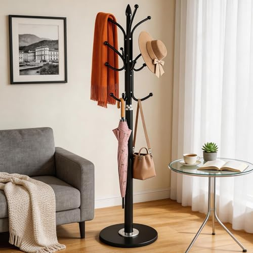 NBYTLT 70in Coat Stand, Freestanding Metal Clothes and Hat Rack with 12 Hooks, Sturdy Standing Coat Rack, for Entryway, Bedroom, Hallway, Black