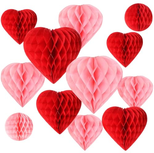 12 Stück Valentinstag Deko, Premium Wiederverwendbare Herz Wabenbälle Dekoration, Romantische Rote Rosa Herz Deko für Verlobung Hochzeit Brautparty Muttertag Geburtstag, 3 Größen