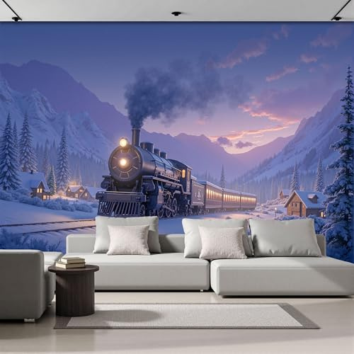 Carta Da Parati Fotografica Inverno Nevaio 3D Effetto Treno A Vapore D'Epoca Design Carta Tessuto Non Tessuto TNT Viola XXL Fotomurale per Soggiorno Camera Letto Studio Decorazione, 450×315cm