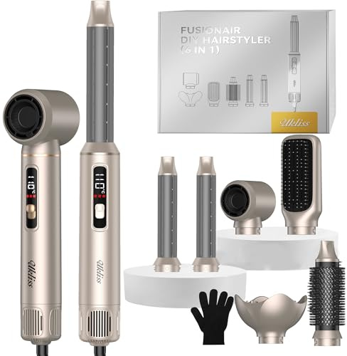 UKLISS 6 in 1 Hairstyler mit LCD Hair Styler Set mit Föhn für Locken | Haarstyler 6 in 1 mit Rundbürstenföhn, Warmluftbürste, Airbrush, Glättbürste, Hair Dryer Haar Styling für Alle Haartypen