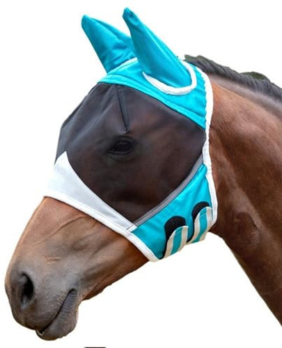 Maschera per mosche da cavallo - Copertura semifacciale in rete traspirante con orecchie, protezione UV per occhi grandi, cinturino elastico regolabile | Stalla per tutte le stagioni all'aperto per be