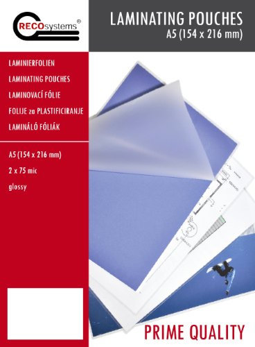 RECO Systems Laminierfolien, A5, 2 x 75 Mikron, transparent/glänzend, 100 Stück
