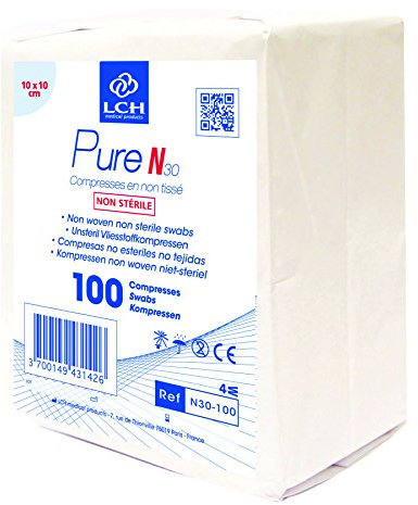 LCH Compresses Pure N Non Tissé/Stériles Compatible avec Toutes Solutions Antiseptiques, 100 Unités