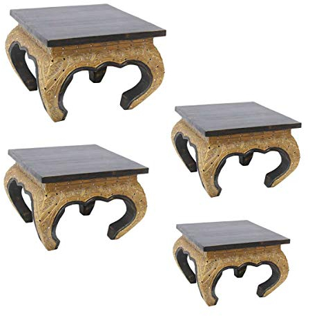 Oriental Galerie Opiumtisch Blumenhocker Beistelltisch Nachtisch Opiumhocker 25 x 25 cm Eckig Akazien Holz Schwarz Gold Antik