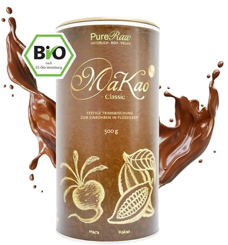 MaKao Classic Kakao Maca Lucuma Carob (Bio Roh Vegan) Trinkschokolade ohne Zucker Kaffeeersatz Heiße Schokolade Schokomilch Superfood Getränkepulver - Hot Chocolate Cacao Drink Powder | PureRaw 500g