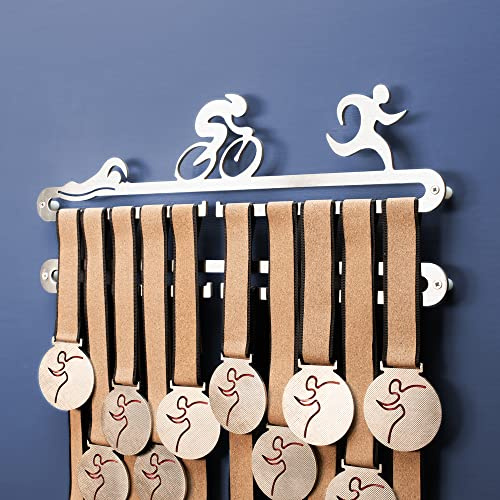 Qthrone Triathlon Medaillenaufhänger - Triathlet Medaillen Display Gebürsteter Edelstahl - Ironman Medaillenhaken - Triathlon Medal Holder Double Hanger, Rack Medal Holder for Ironman Triathlete