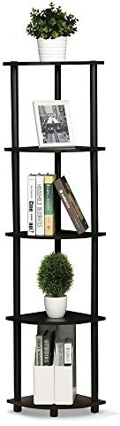 Furinno TURN-N-TUBE Corner Shelf, 5-Tier Corner Bookshelf, Open Storage Shelves, for Organization and Storage, Living Room, Home Office, Garage, Bedroom, Dark Walnut