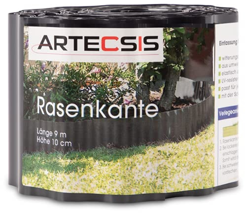 ARTECSIS 1x Rasenkante aus Kunststoff, 9 m x 10cm, Anthrazit, gewellt, Umrandung für Beete, Beeteinfassung, Rasenbegrenzung