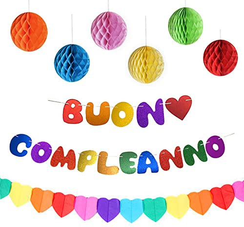 Striscioni Buon Compleanno Festone Banner Bandiera Bandierine Happy Birthday in Italiano Ghirlanda di Cuore Sfere di Carta Addobbi Set Decorazioni Multicolore per Festa di Compleanno