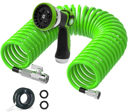 Morvat 50 FT Flexible Coil Garden Hose with ON/OFF Valve, Expandable Spiral Spring Recoil Water Hose with Nickel Plated Brass Fittings, for Boats Yard & RV, Includes 10 Way Sprayer & Teflon Tape