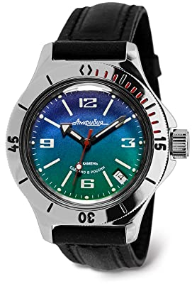VOSTOK Amphibia 120848 Automatik-Armbanduhr mit Selbstaufzug, Schwarz Leder, Taucher