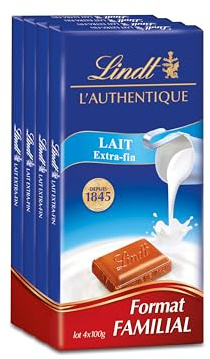Lindt - Lot de 4 Tablettes L'AUTHENTIQUE - Chocolat au Lait Extra-fin, 4x100g