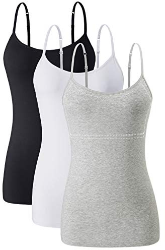 Ymmchy Damen Unterhemd mit Regal-BH Baumwolle Unterhemden Spaghetti Top Verstellbare Trägershirt 3-er Pack Black/White/Gray L