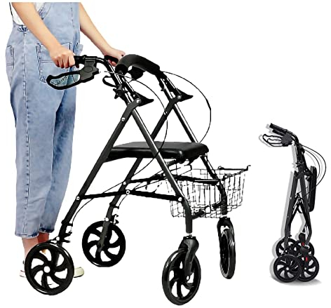 HHUARI Rollator für Senioren Rollator mit 4 Rollen, für Senioren und Gehbehinderte, faltbares und höhenverstellbares Gehgestell, Gehhilfe mit Korb und gepolstertem Sitz (Schwarz 4 Rollen) The New